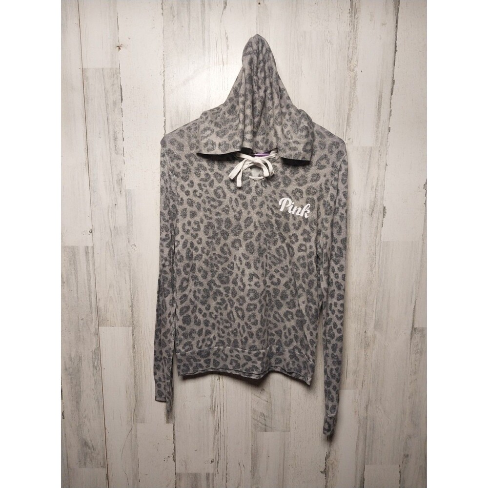 VS Victorias Secret Pink Cozy Lace Up Pullover Hoodie Sweater Top Grey Small